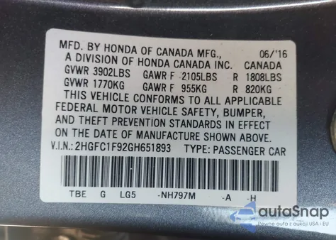 2016 Honda Civic Touring z USA, uszkodzony, nr VIN 2HGFC1F92GH651893